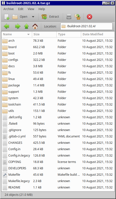 A directory listing of files included with Buildroot