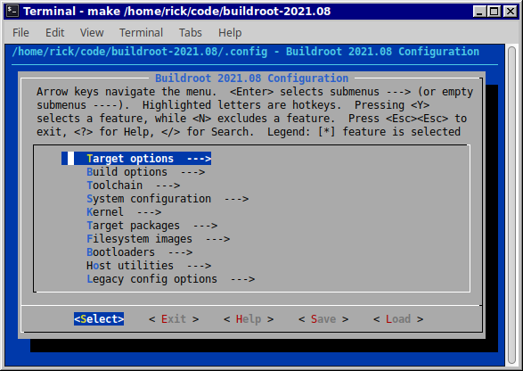 A screenshot of Buildroot menuconfig options