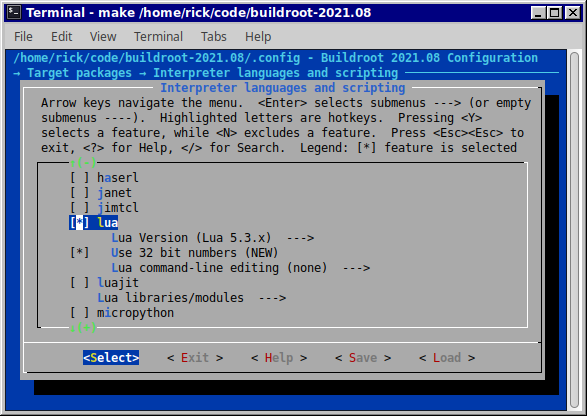 Selecting the Lua package in Buildroot