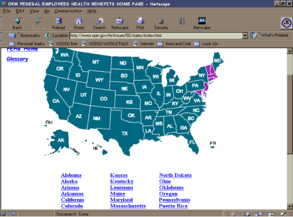 A screenshot of Netscape Navigator rendering a webpage that has a server-side image map of the United States